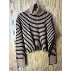 Madewell Striped Turtleneck Sweater Camel Tan Black Ribbed Knit Crop Medium
